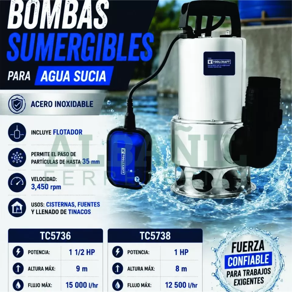BOMBA SUMERGIBLE ACERO INOX AGUA SUCIA USO RUDO 1 HP 220V